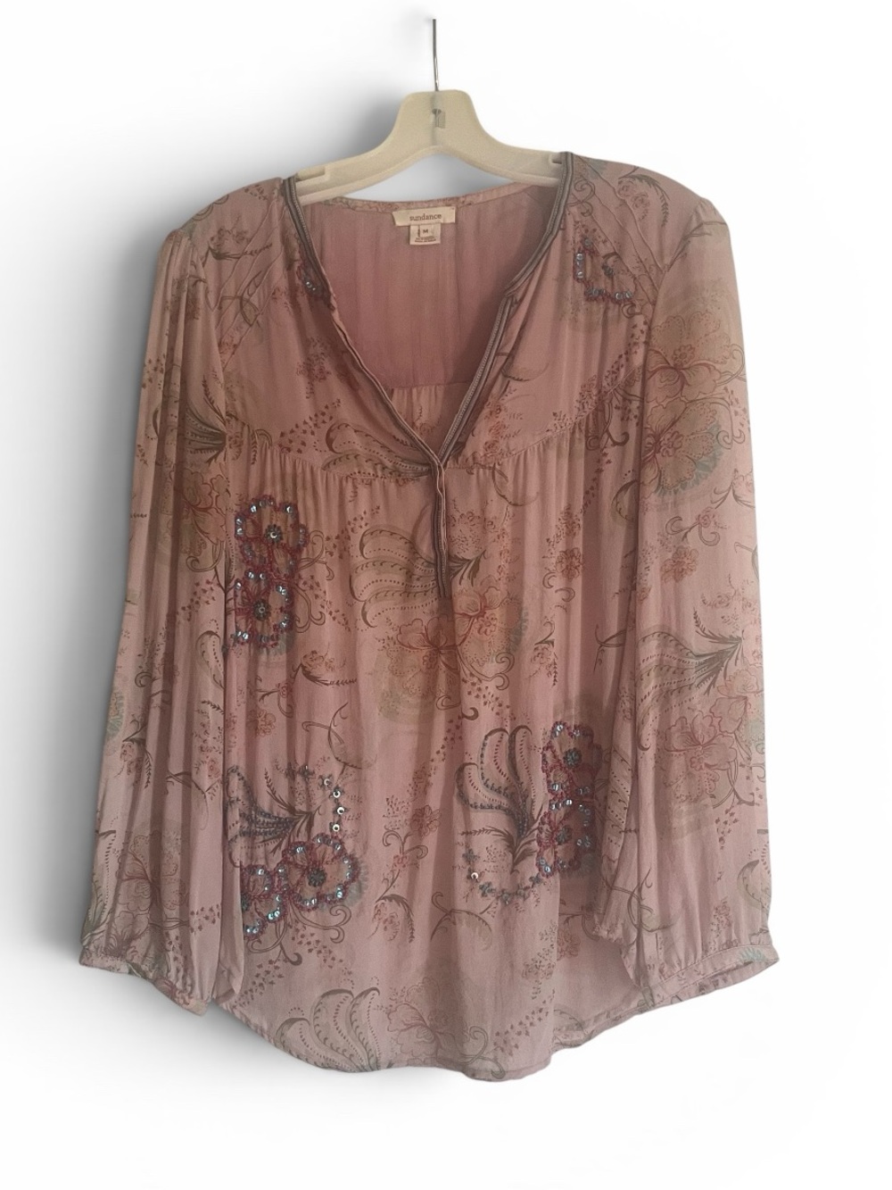 Sundance Silk Floral Print Boho Beaded V-Neck Blouse Pink Size M